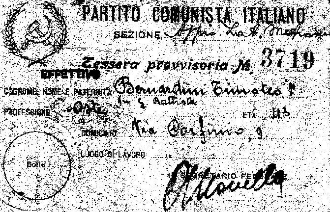 Tessera PCI Timoteo Bernardini, 1943